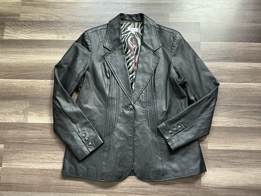 Denim & Company Black Leather Blazer Jacket Black Pleated Button L Biker Moto